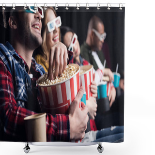 Personality  Young Smiling Friends In 3d Glasses Eating Popcorn And Watching Movie In Cinema Shower Curtains