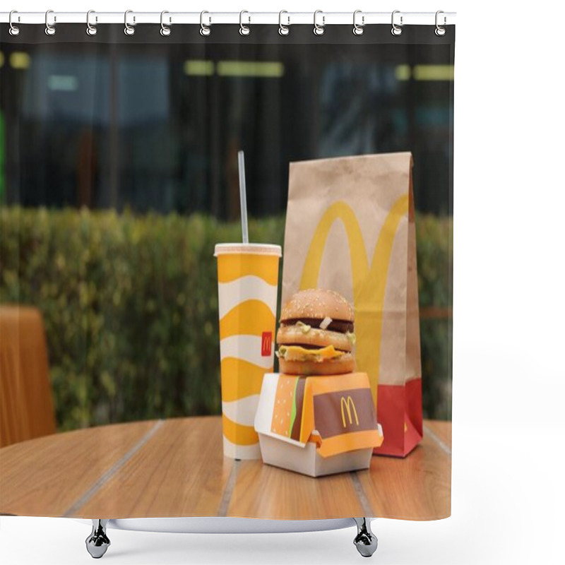 Personality  Lviv, Ukraine - October 9, 2023: McDonald's Menu On Wooden Table Outdoors, Space For Text Shower Curtains