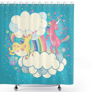 Personality  Card With A Cute Unicorns Rainbow In The Clouds. Shower Curtains