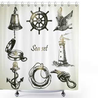 Personality  Sea Set Of Nautical Design Elements. Hand Drawn Illustrations Shower Curtains