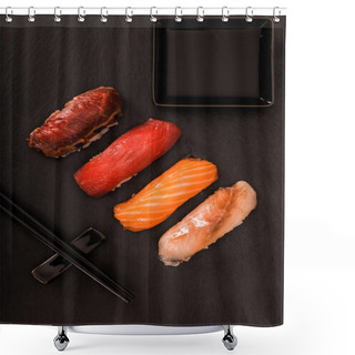 Personality  Top View Of Delicious Sashimi Sushi On Black Slate Shower Curtains