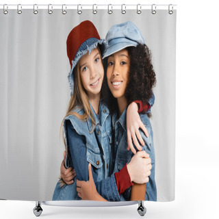Personality  Joyful Interracial Girls In Stylish Denim Clothes Embracing Isolated On Grey Shower Curtains