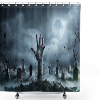 Personality  Zombie Hand Rising Out Of A Graveyard In Spooky Night Shower Curtains
