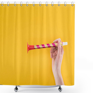 Personality  Partial View Of Woman Holding Red Party Horn On Yellow Background Shower Curtains