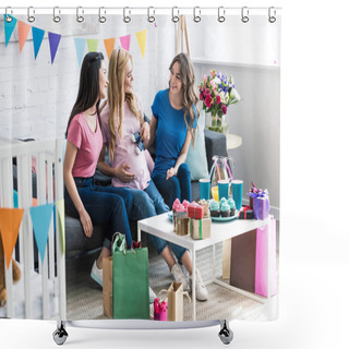 Personality  Multicultural Friends And Pregnant Woman Having Fun At Baby-party Shower Curtains
