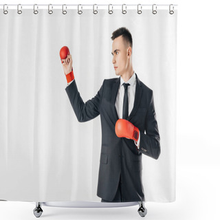 Personality  Businessman In Suit And Red Gloves Isolated On White Shower Curtains