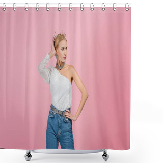 Personality  Blonde Woman Adjusting Luxury Crown And Standing With Hand On Hip Isolated On Pink  Shower Curtains