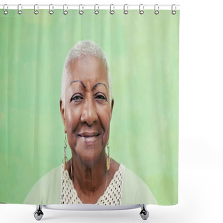 Personality  Portrait Of Senior Black Woman Smiling At Camera On Green Backgr Shower Curtains