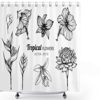 Personality  Collection Set Of Tropical Flower Drawing Illustration. Shower Curtains