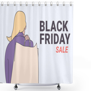 Personality  Black Friday Banner Concept.Girl Or Woman Carrying A Shopping Bag After Big Sale. Good Shopping On Black Friday. Hand Drawn Thin Line Style, Vector Illustrations. Shower Curtains