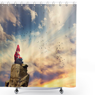 Personality  Boy, Sitting On A Rock In The Sky, Birds Flying Around Him Shower Curtains