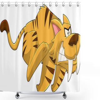 Personality  Saber Tooth Tiger Animal Cartoon Character Running. Vector Hand Drawn Illustration Isolated On Transparent Background Shower Curtains