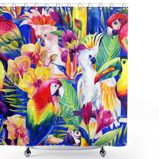 Personality  Watercolor Parrots With Tropical Flowers Seamless Pattern Shower Curtains