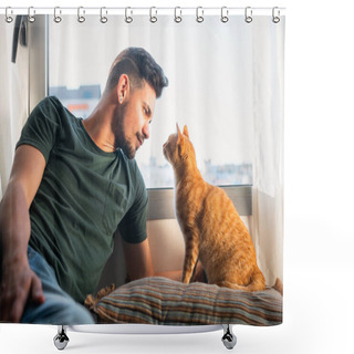 Personality  Young And Tabby Cat Stare At Each Other In Front Of The Window Shower Curtains
