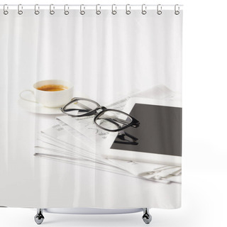 Personality  Eyeglasses And Digital Tablet On Pile Of Newspapers And Coffee Cup, On White Shower Curtains