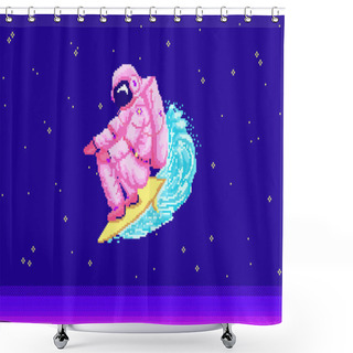 Personality  Pixel Art Astronaut. Spaceman 8 Bit Objects. Space Art, Digital Icons. Cosmonaut Surfer On The Sea Wave. Retro Assets. Vintage Game Style. Set Of Characters. Vector Illustration. Shower Curtains