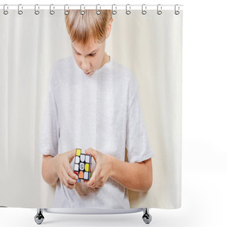 Personality  Vilnius, Lithuania - November 21, 2018: Kid Playing With GiiKER Magnetic Magic Cube Educational Toy From Xiaomi Shower Curtains