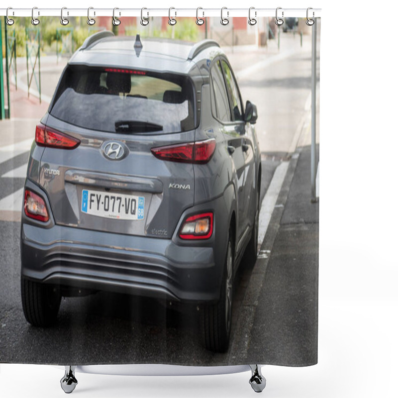 Personality  Mulhouse - France - 3 June 2022 - rear view og grey Hynudai Kona the famous korean electric car parked in the street shower curtains