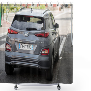 Personality  Mulhouse - France - 3 June 2022 - Rear View Og Grey Hynudai Kona The Famous Korean Electric Car Parked In The Street Shower Curtains