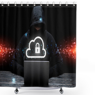 Personality  Hacker In Hood Using Laptop Near Cloud With Padlock On Black  Shower Curtains