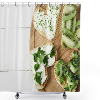 Personality  Top View Of Heart Shaped Canape With Creamy Cheese, Broccoli, Microgreen, Parsley And Kiwi On Board On Board On White Wooden Surface Shower Curtains