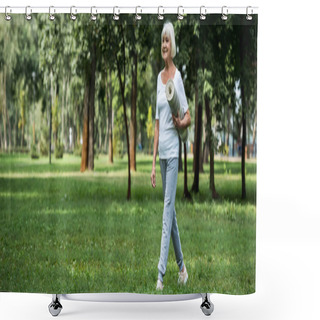 Personality  Happy Senior Woman Walking In Park And Holding Fitness Mat Shower Curtains