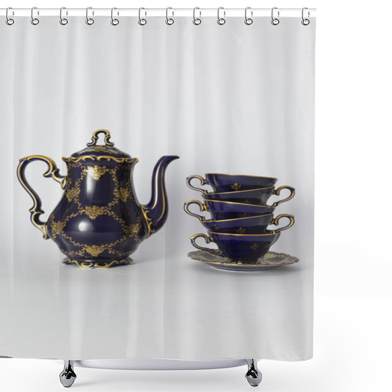 Personality  Beautiful Cobalt Blue Colored Vintage Porcelain Tea Set With Gol Shower Curtains