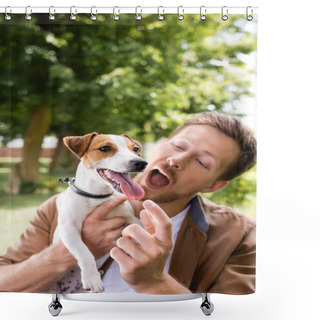 Personality  Excited Man With Open Mouth Touching Tongue Of Jack Russell Terrier Dog In Park Shower Curtains