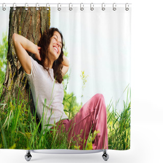 Personality  Beautiful Young Woman Relaxing Outdoors. Nature Shower Curtains