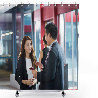 Personality  Asian Business Man And Woman Standing And Talking In Company Elevator Hall Shower Curtains