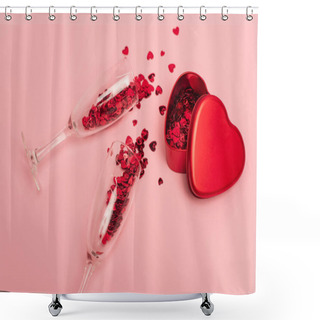 Personality  High Angle View Of Champagne Glasses With Confetti Hearts Near Metallic Heart-shaped Box On Pink Shower Curtains