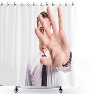Personality  Businessman In Shirt And Tie Showing Stop Sign Isolated On White Shower Curtains