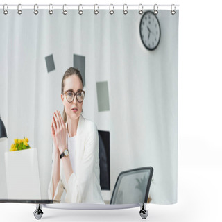 Personality  Portrait Of Businesswoman In White Suit And Eyeglasses At Workplace With Laptop In Office Shower Curtains