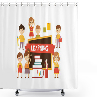 Personality  Group Of Cute Little Kids, Blackboard And Stack Of Books, Learning Concept Vector Illustration Shower Curtains