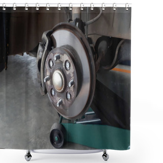 Personality  A Car On Jack With Wheel Removed Showing Brake Discs Shower Curtains