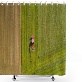 Personality  Red Tractor Windrowing Hay, Top Down Aerial View Shower Curtains