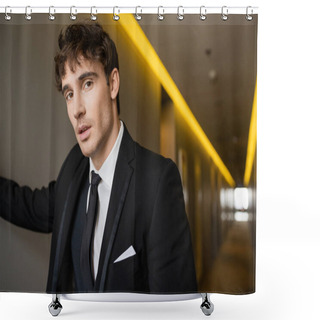 Personality  Portrait Of Good Looking And Young Groom In Black Formal Wear With While Shirt And Tie Looking At Camera While Standing In Corridor Of Modern Hotel On Wedding Day  Shower Curtains