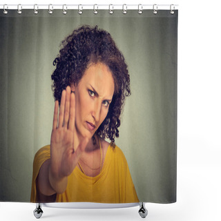 Personality  Young Annoyed Angry Woman With Bad Attitude Giving Talk To Hand Gesture Shower Curtains