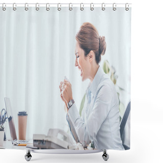 Personality  Side View Of Mad Adult Businesswoman Crumpling Paper At Workplace Shower Curtains