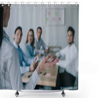 Personality  Partial View Of Businesswoman And Colleagues Behind At Workplace In Office Shower Curtains