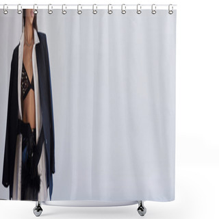 Personality  Personal Style, Brunette Woman In Bra Posing With Feathered Purse On Grey Background, Young Model In Latex Shorts, Blazer And Black Gloves, Youth And Style, Cropped Image, Banner Shower Curtains