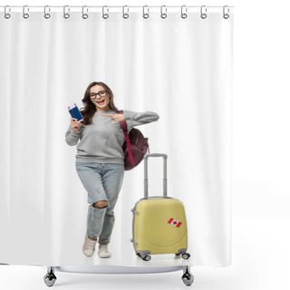 Personality  Female Student With Suitcase Pointing With Finger At Passport And Air Tickets Isolated On White, Studying Abroad Concept Shower Curtains