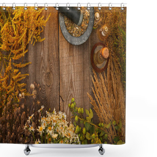 Personality  Top View Of Mortar With Pestle And Bottles Near Wildflowers And Herbs On Wooden Surface With Copy Space Shower Curtains