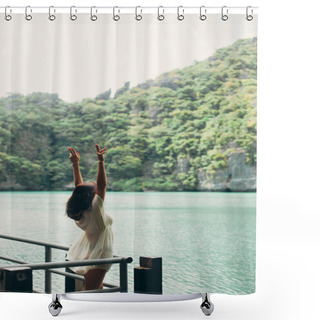Personality  Woman Standing With Hands Up At Ang Thong National Park, Ko Samui, Thailand Shower Curtains