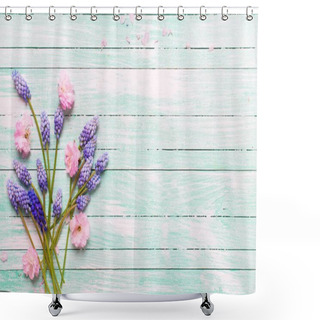 Personality  Pink Almond And Blue Muscaries Flowers On Turquoise Wooden Background. Shower Curtains