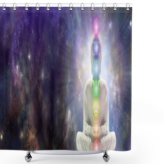 Personality  Meditating Chakra Buddha Sitting In Lotus Position Surrounded By  Deep Space - Buddha On Right Side With Seven Chakras Against A Starry Dark Blue Celestial Sky With A Massive Nebula And Copy Space For Text  Shower Curtains