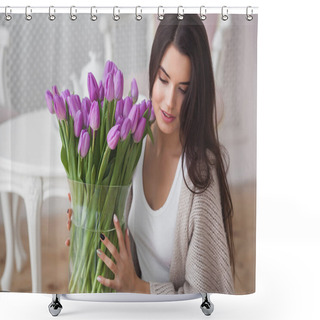 Personality  Close Up Portrait Of Young Beautiful Woman Indoors. Attractive Woman With Flowers. Female With Tulips. Spring Bouquet. Shower Curtains