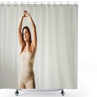 Personality  Plus Size Woman With Natural Makeup Posing With Raised Hands In Beige Strapless Top And Underwear In Studio Isolated On Grey Background, Looking At Camera, Body Positive, Self-confidence   Shower Curtains