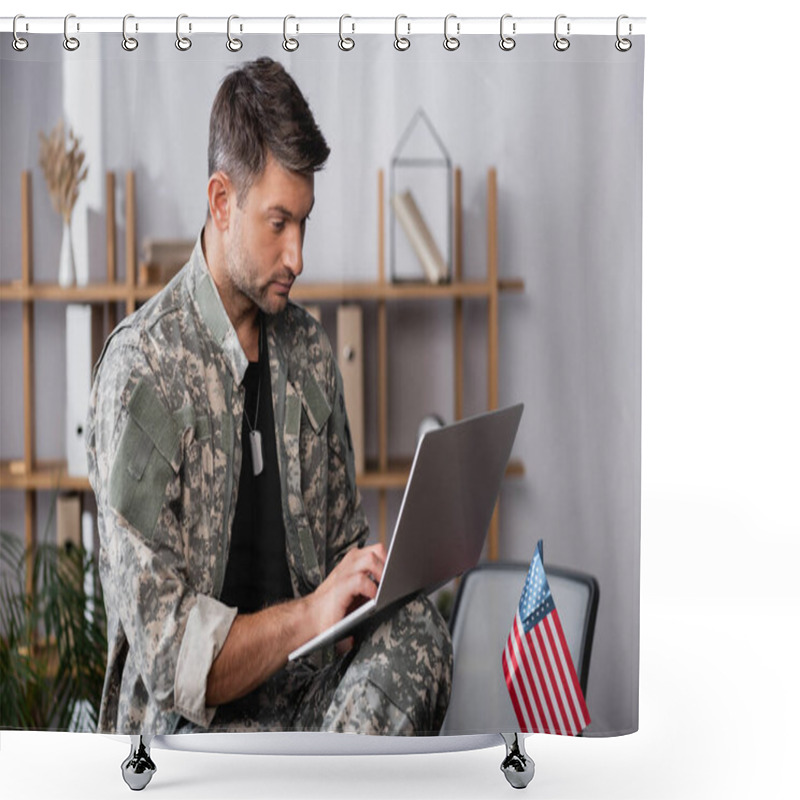 Personality  patriotic military man using laptop near american flag  shower curtains