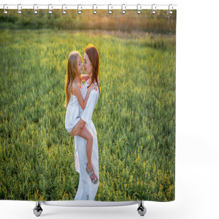 Personality  High Angle View Mother And Daughter Embracing In Green Meadow On Sunset Shower Curtains